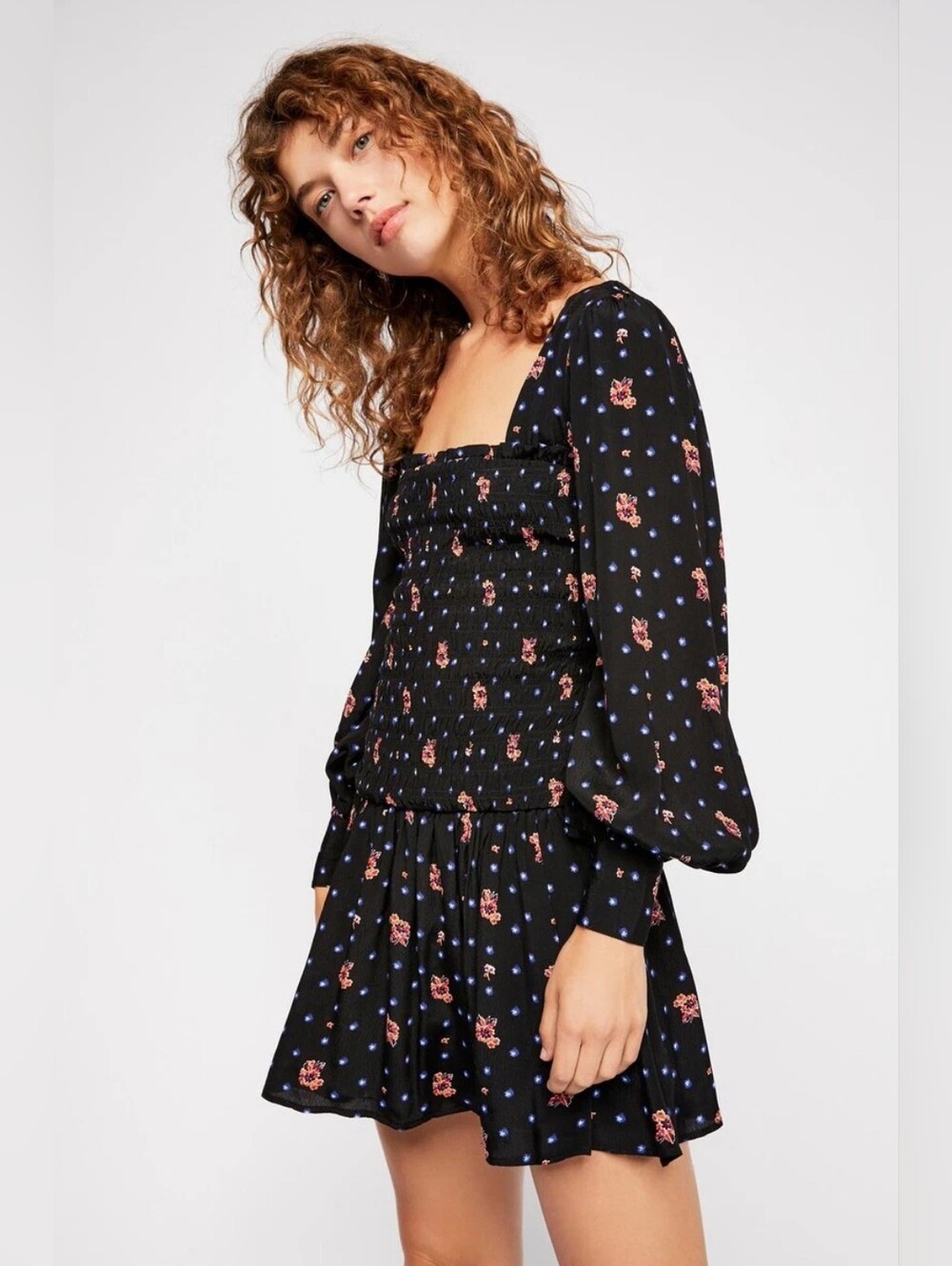 Free People Square Neckline Long Sleeve Smocked Bodice Mini Dress Sz XS